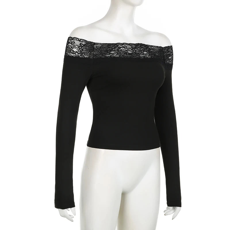 Vintage Black Lace Slash Neck Crop Top