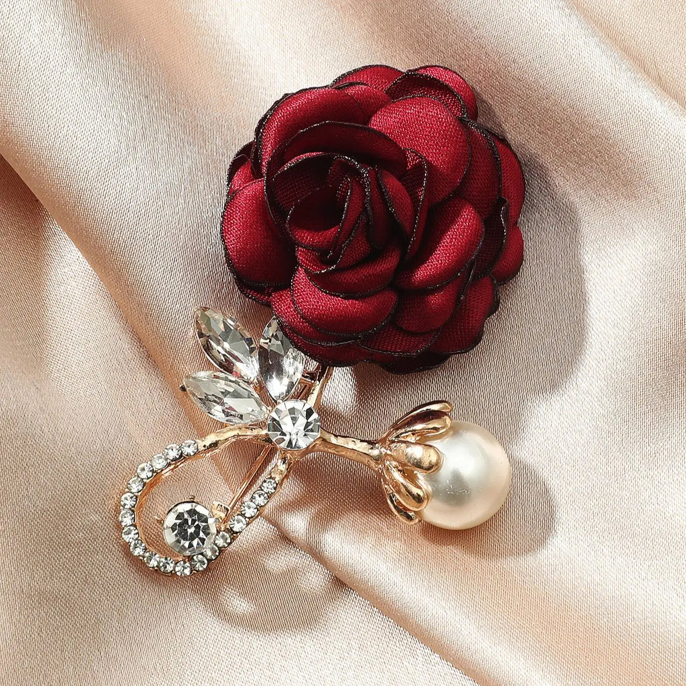 Vintage Red Rose Cloth Flowers Imitation Pearl Crystal Brooch