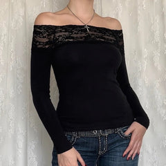 Vintage Black Lace Slash Neck Crop Top