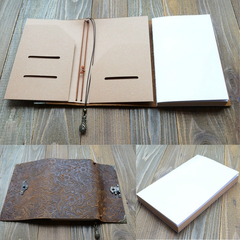 Vintage Embossed Pattern Soft Leather Travel Notebook with Lock and Key