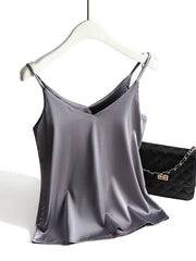 Vintage Spaghetti Strap Halter V Neck Satin Silk Tank Top