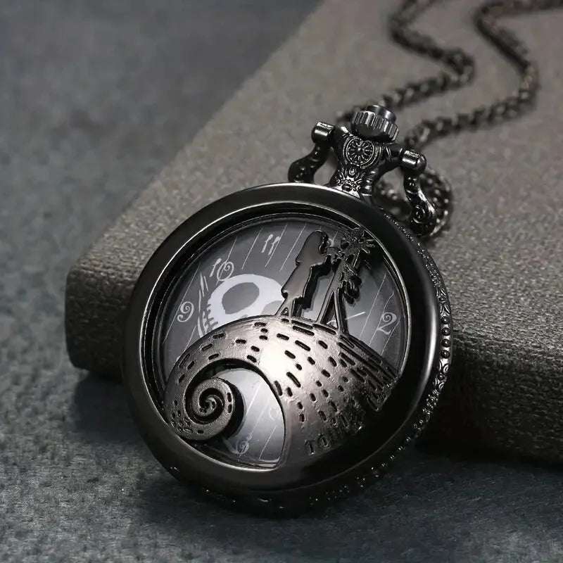 Vintage Lovers Skeleton Quartz Pocket Watch with Chain Necklace