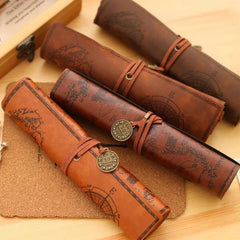 Vintage Leather Treasure Map Pencil Bag