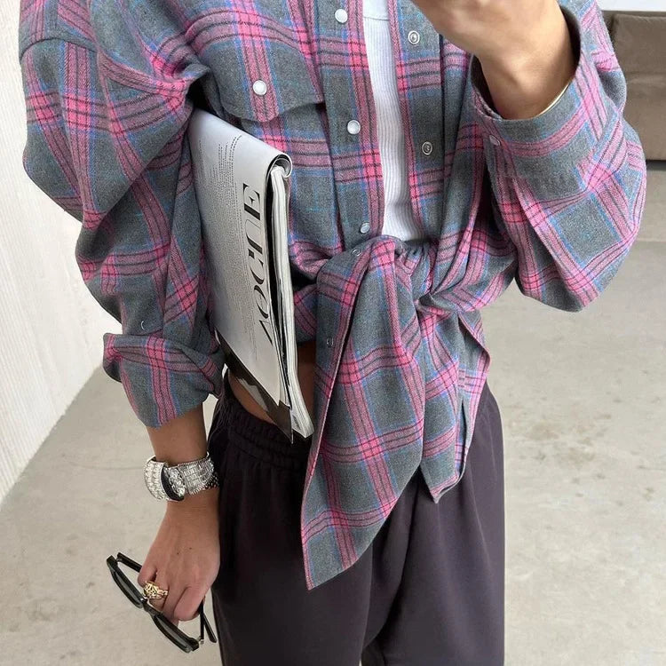 Vintage Oversized Plaid Shirt Women