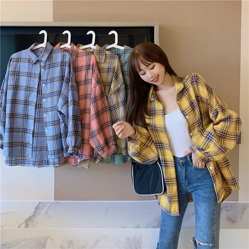 Vintage Preppy Style Loose Check Shirts