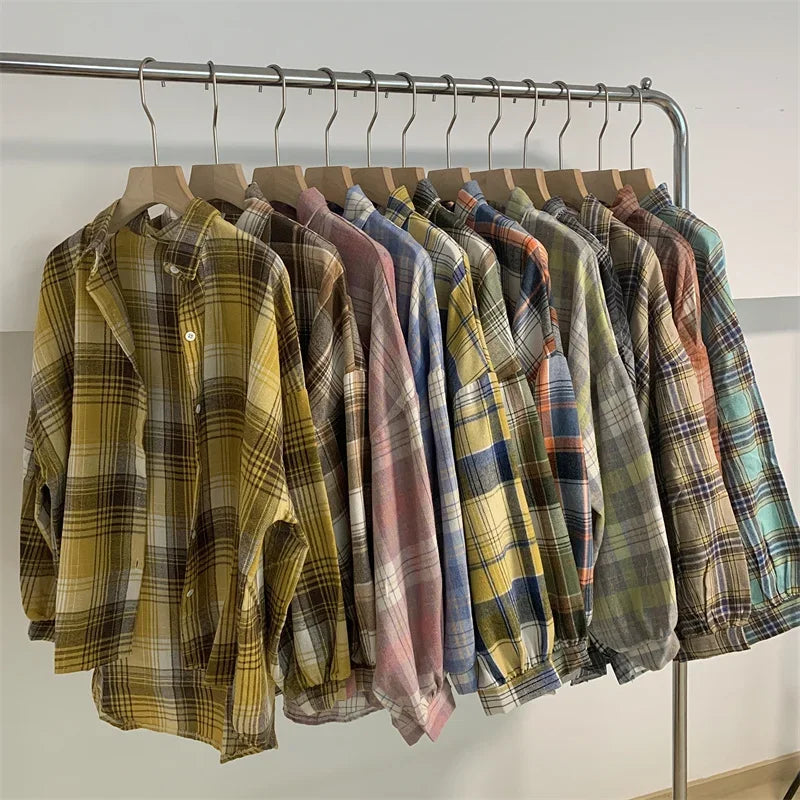 Vintage Preppy Style Loose Check Shirts