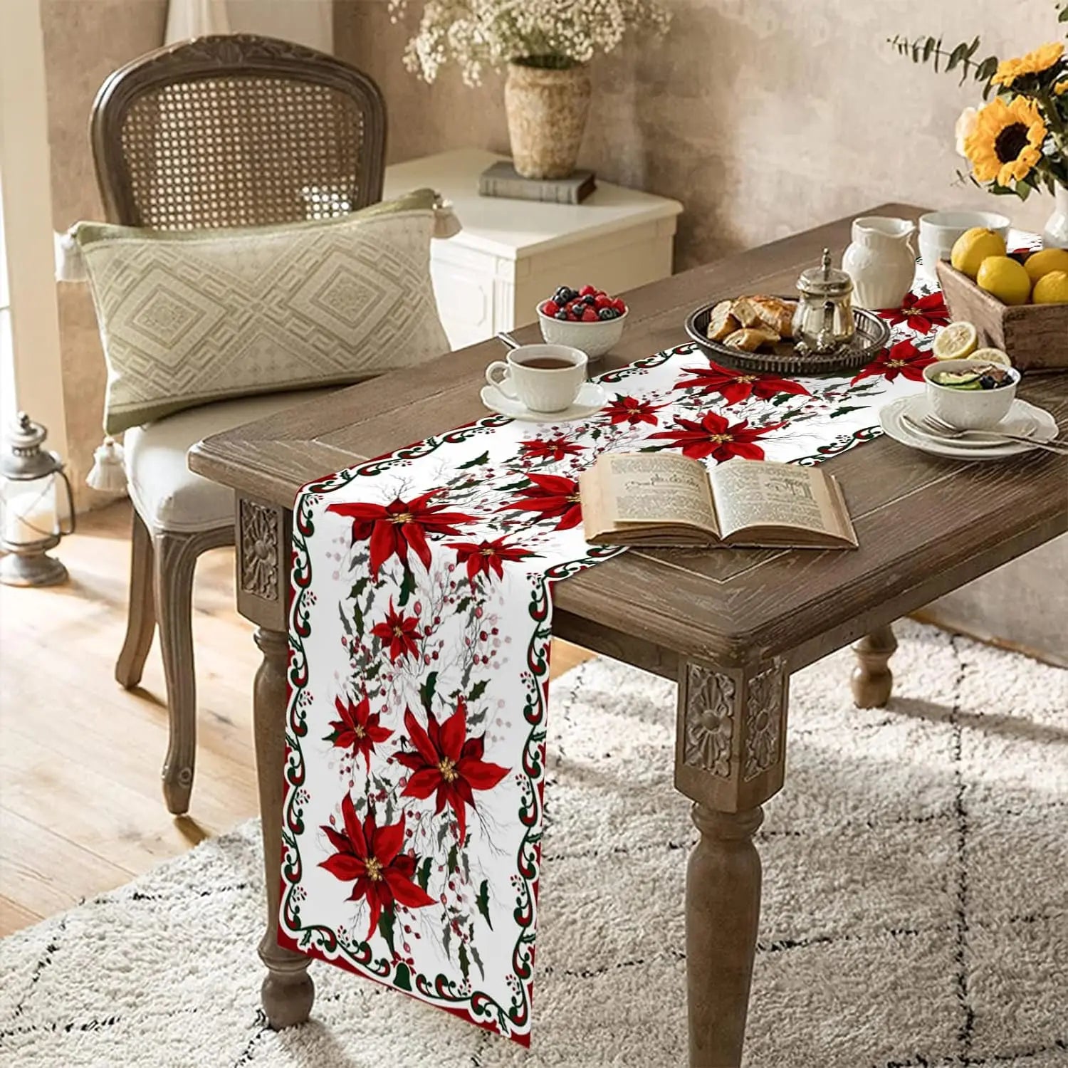 Vintage Christmas Poinsettia Flower Berry Linen Table Runner