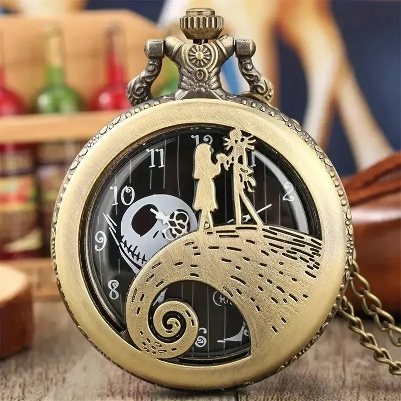 Vintage Lovers Skeleton Quartz Pocket Watch with Chain Necklace