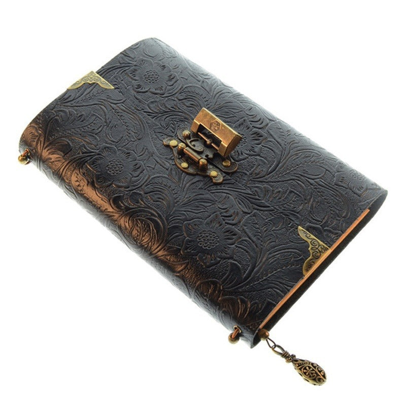 Vintage Embossed Pattern Soft Leather Travel Notebook with Lock and Key