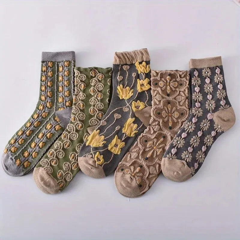 Vintage 5 Pairs 3D Floral Socks