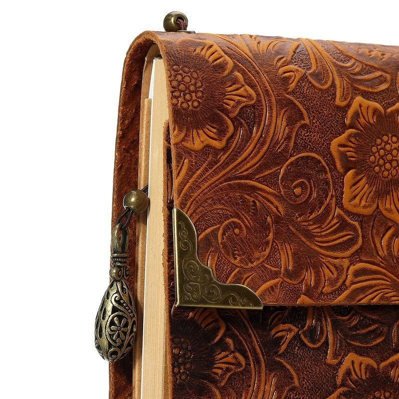 Vintage Embossed Pattern Soft Leather Travel Notebook with Lock and Key