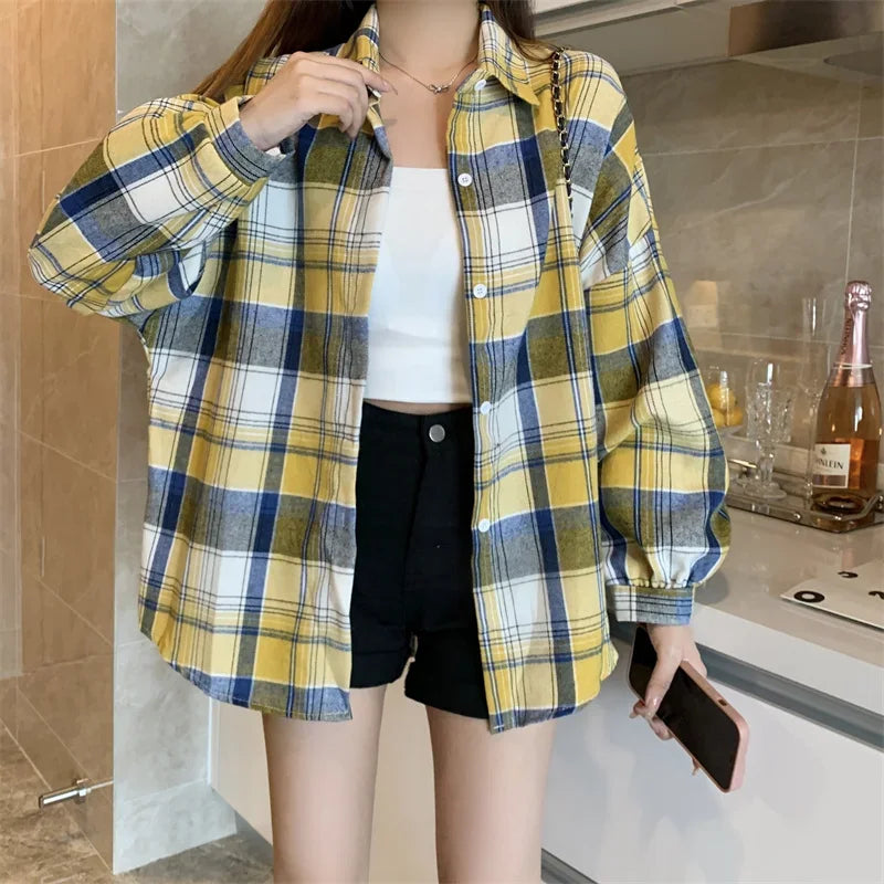 Vintage Preppy Style Loose Check Shirts