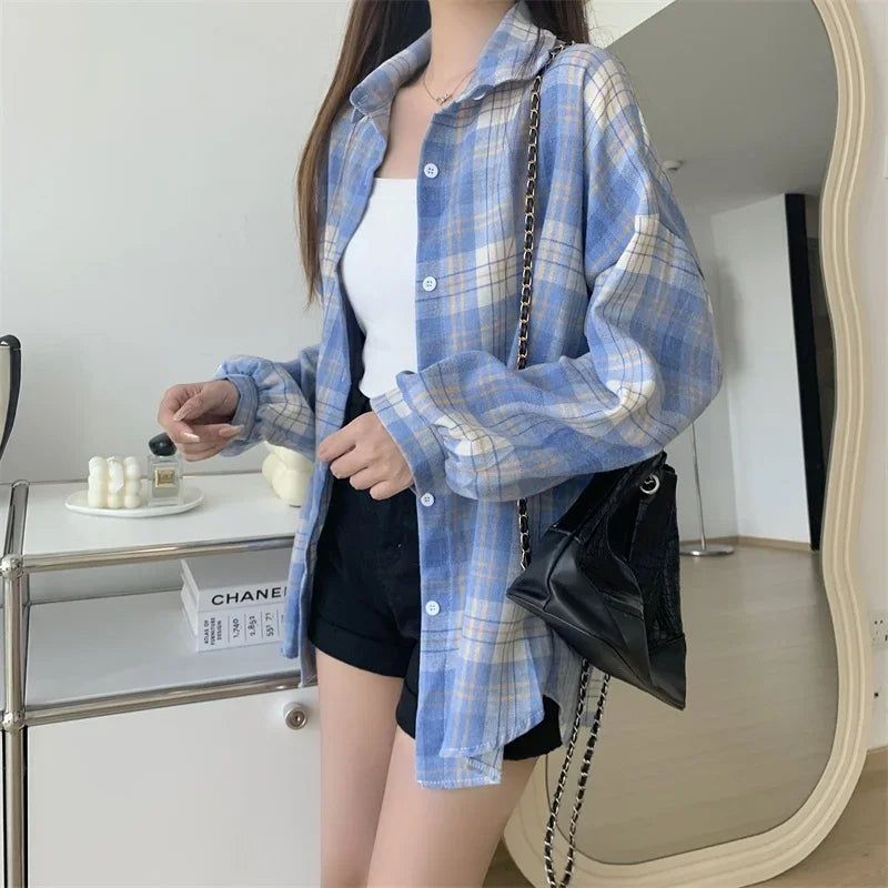 Vintage Preppy Style Loose Check Shirts