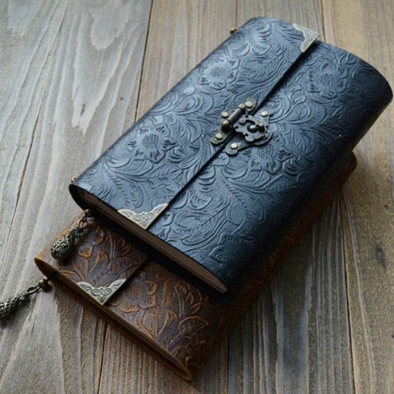 Vintage Embossed Pattern Soft Leather Travel Notebook with Lock and Key