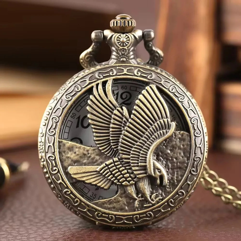 Vintage Bronze Metal Eagle Antique Pocket Watch with Chain