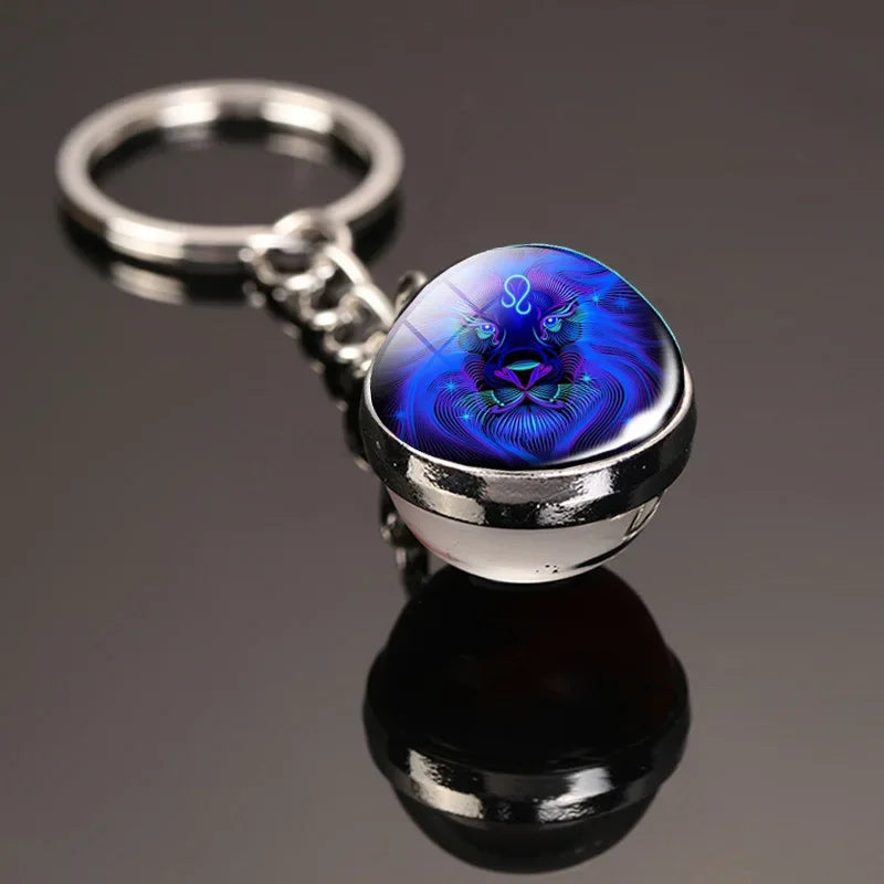 Vintage 12 Constellation Key Ring Time Stone Double-Sided Glass Ball Metal Keychain