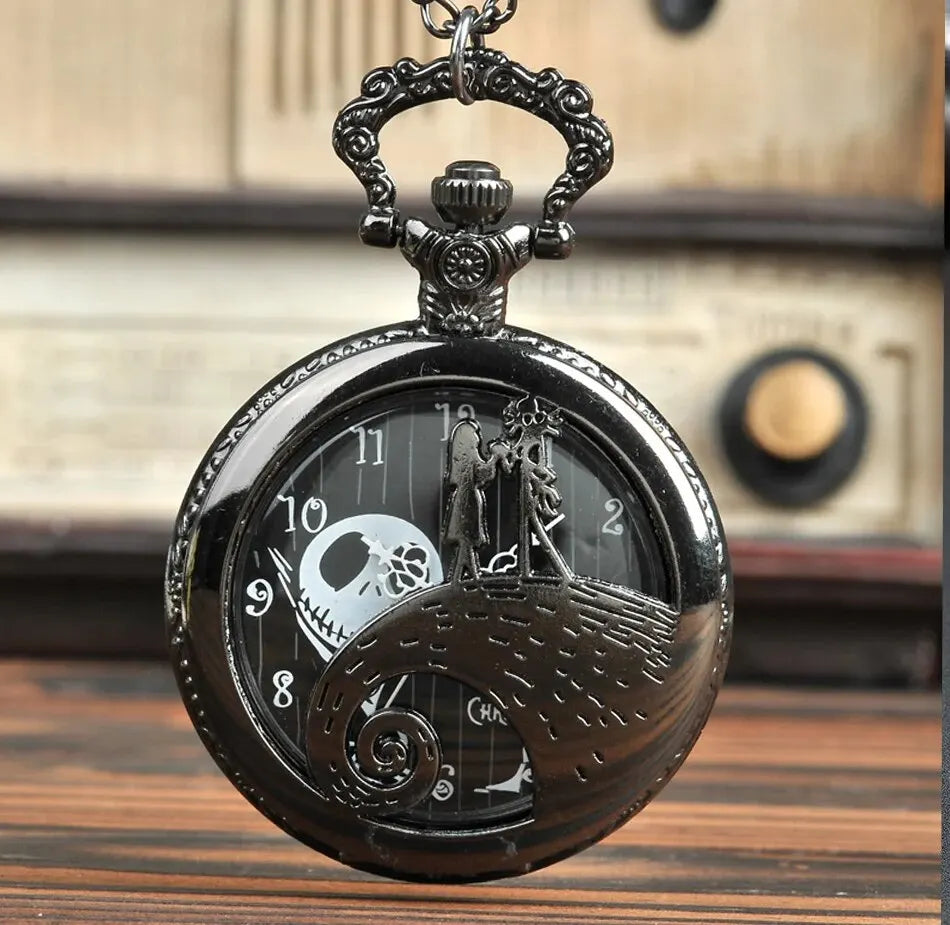 Vintage Lovers Skeleton Quartz Pocket Watch with Chain Necklace