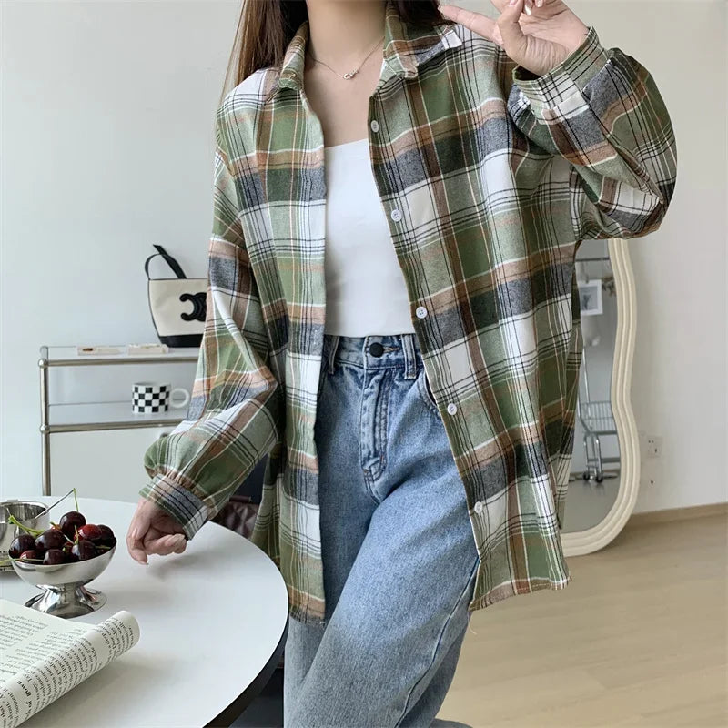 Vintage Preppy Style Loose Check Shirts