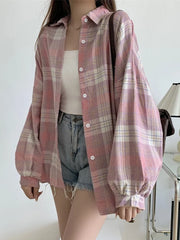 Vintage Preppy Style Loose Check Shirts