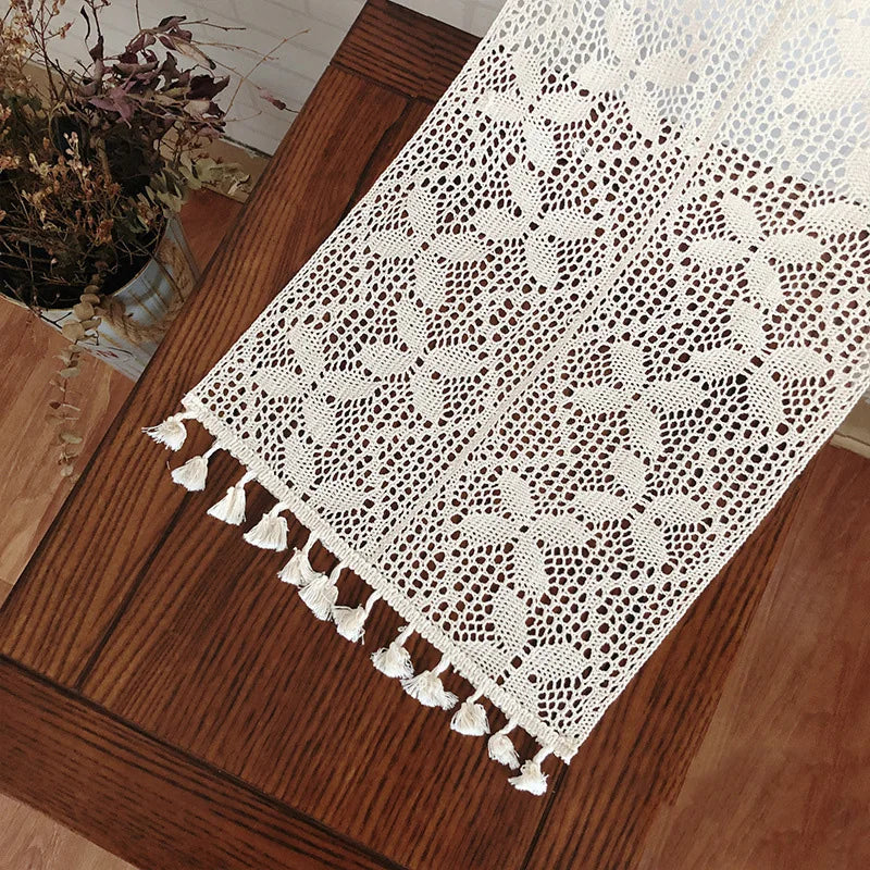 Vintage Beige Crochet Lace Table Runner