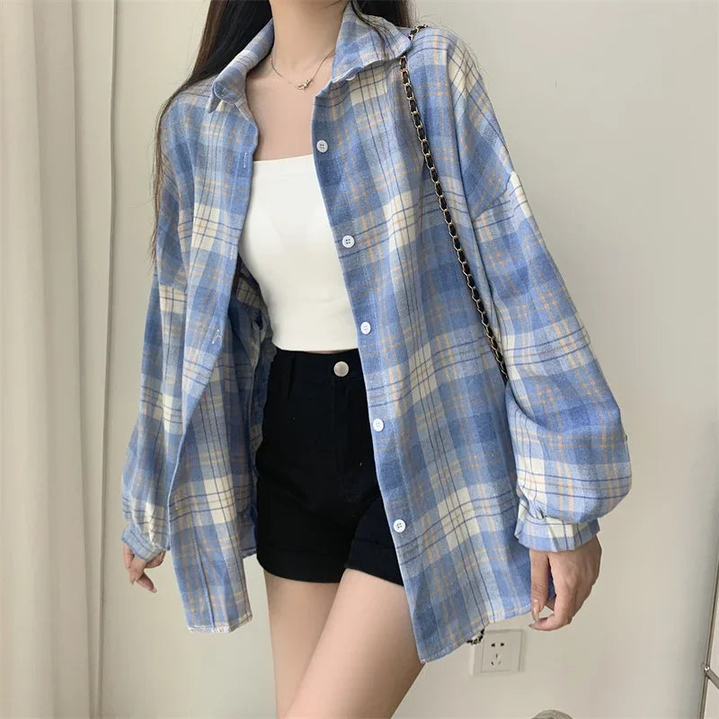 Vintage Preppy Style Loose Check Shirts