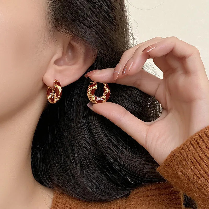 Trendy Gold-Plated Vintage Enamel Hoop Earrings