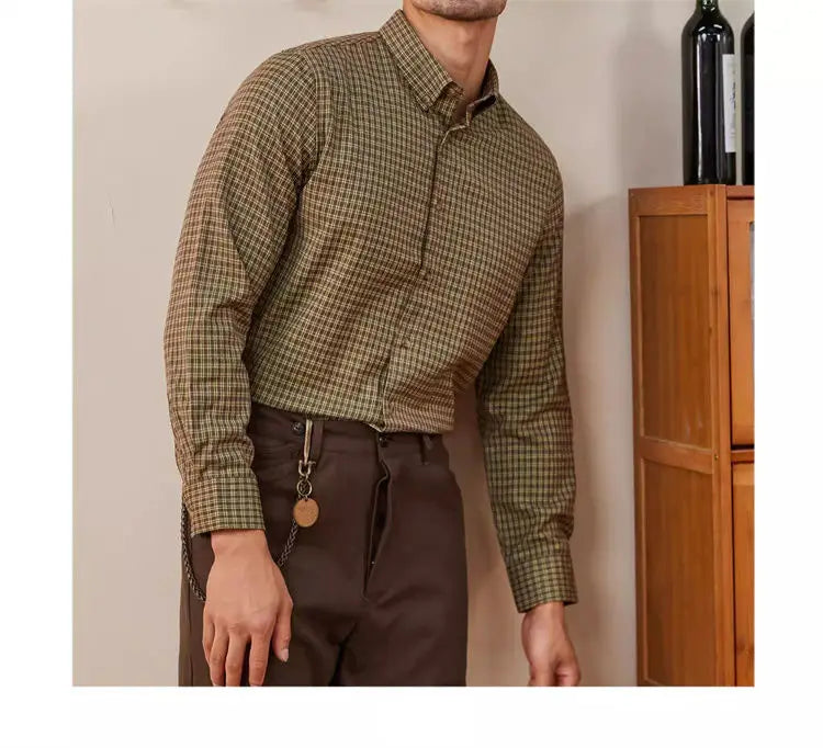 Vintage Men Shirts Autumn New Lape Grid Pattern