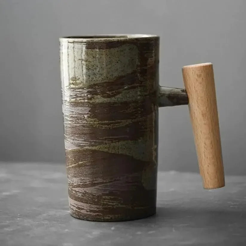 Ceramic Vintage Stoneware Wooden Handle Nordic Earth Mugs