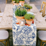 Blue White Linen Retro Monochrome Sketch Bird Flower Table Runner