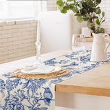 Blue White Linen Retro Monochrome Sketch Bird Flower Table Runner