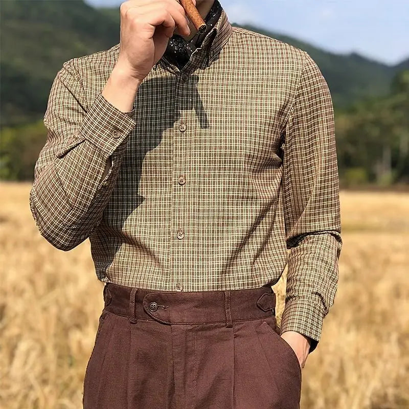 Vintage Men Shirts Autumn New Lape Grid Pattern