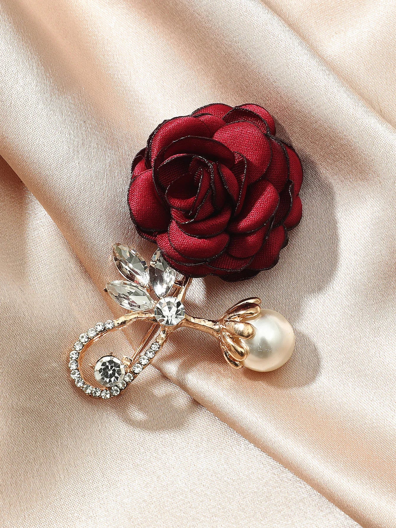 Vintage Red Rose Cloth Flowers Imitation Pearl Crystal Brooch