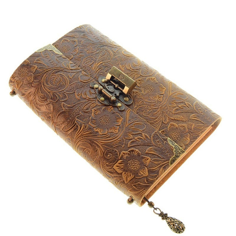 Vintage Embossed Pattern Soft Leather Travel Notebook with Lock and Key