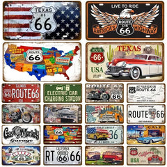 Vintage Route 66 Tinplates Plate Garage Car Retro Metal Sign Posters