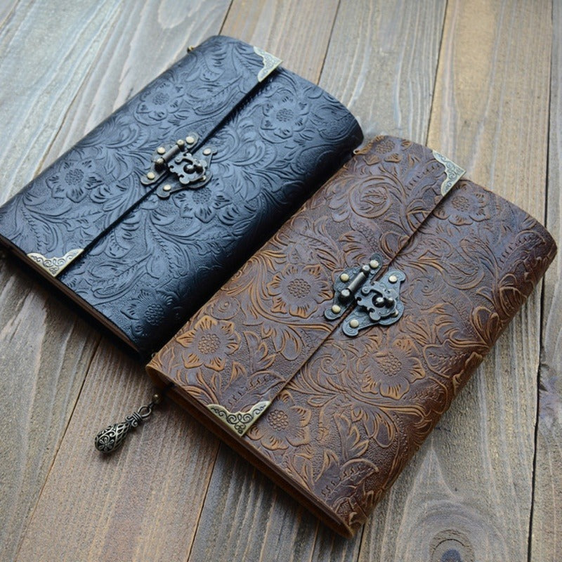 Vintage Embossed Pattern Soft Leather Travel Notebook with Lock and Key