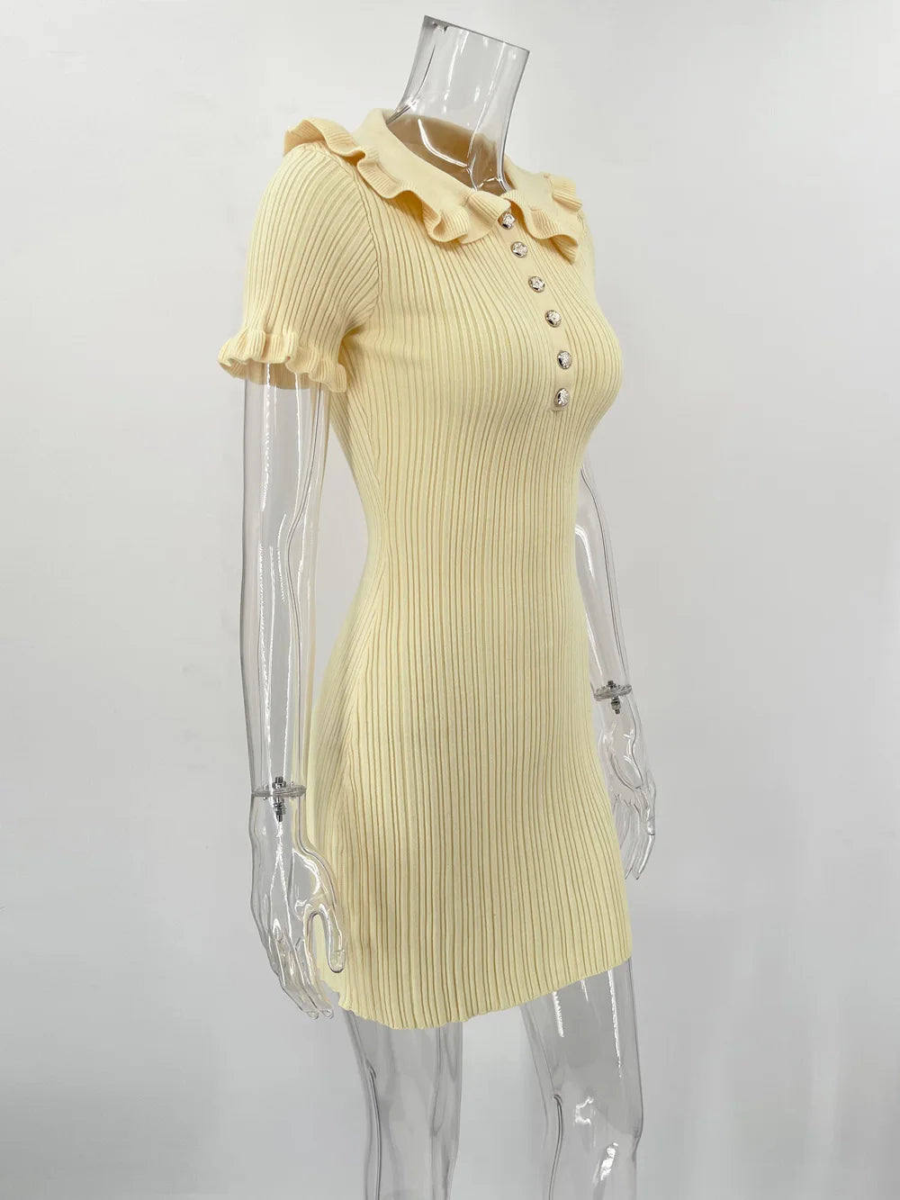 Vintage Ruffled Short Sleeve Knitted Slim Fit Mini Dress