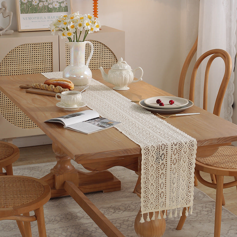 Vintage Beige Crochet Lace Table Runner