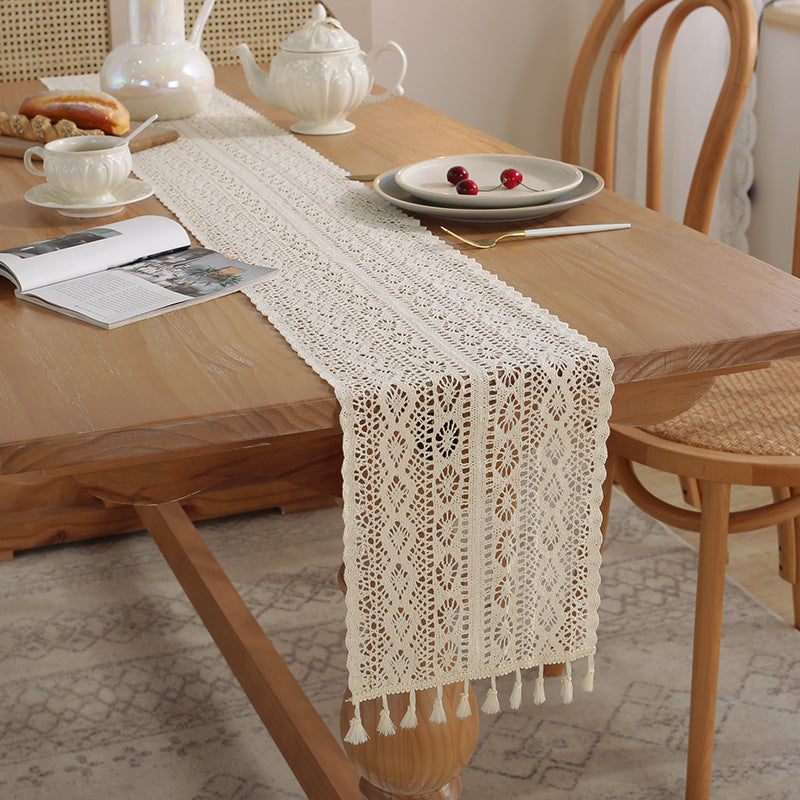 Vintage Beige Crochet Lace Table Runner