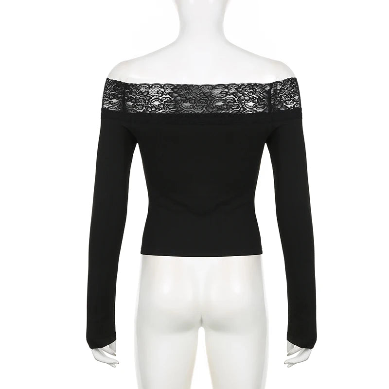 Vintage Black Lace Slash Neck Crop Top