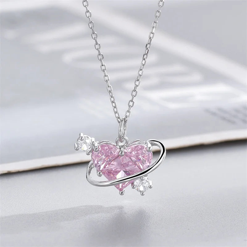 Y2K Pink Planet Heart Zircon Pendant Necklaces Women Fashion Aesthetic Clavicle Chain Necklace Valentines Day Gift Party Jewelry