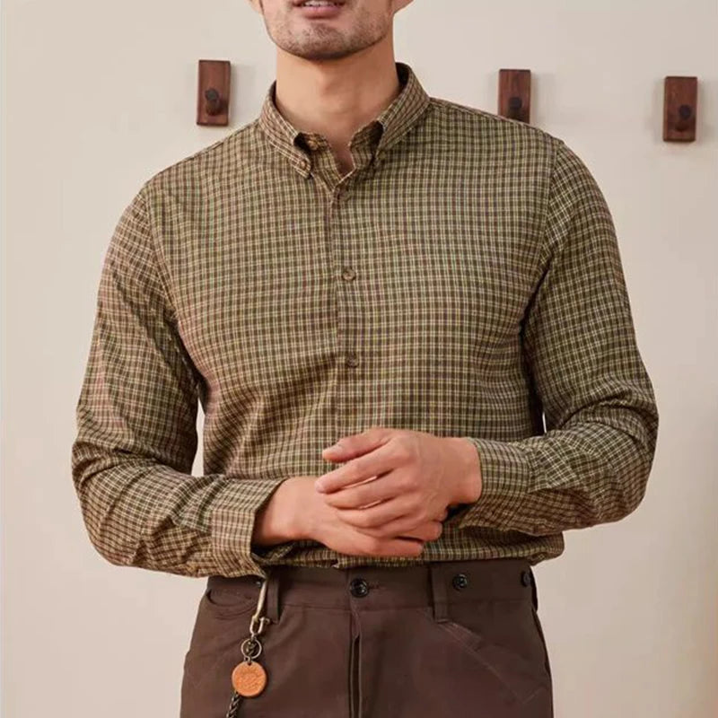 Vintage Men Shirts Autumn New Lape Grid Pattern