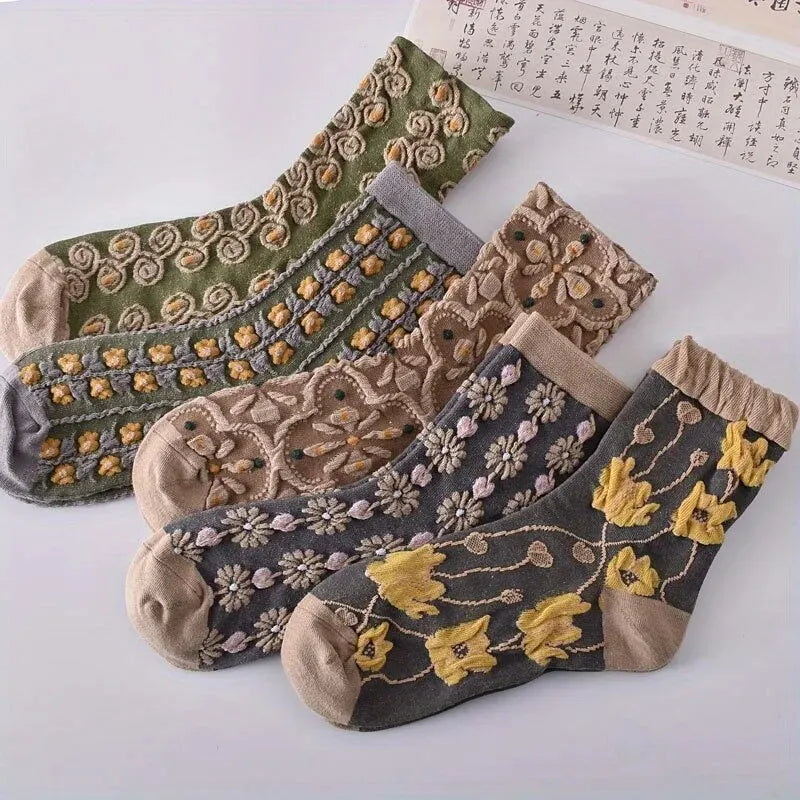 Vintage 5 Pairs 3D Floral Socks