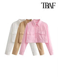 Vintage Long Sleeve Button-up Loose Cropped Poplin Shirts With Pockets