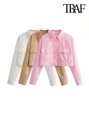 Vintage Long Sleeve Button-up Loose Cropped Poplin Shirts With Pockets